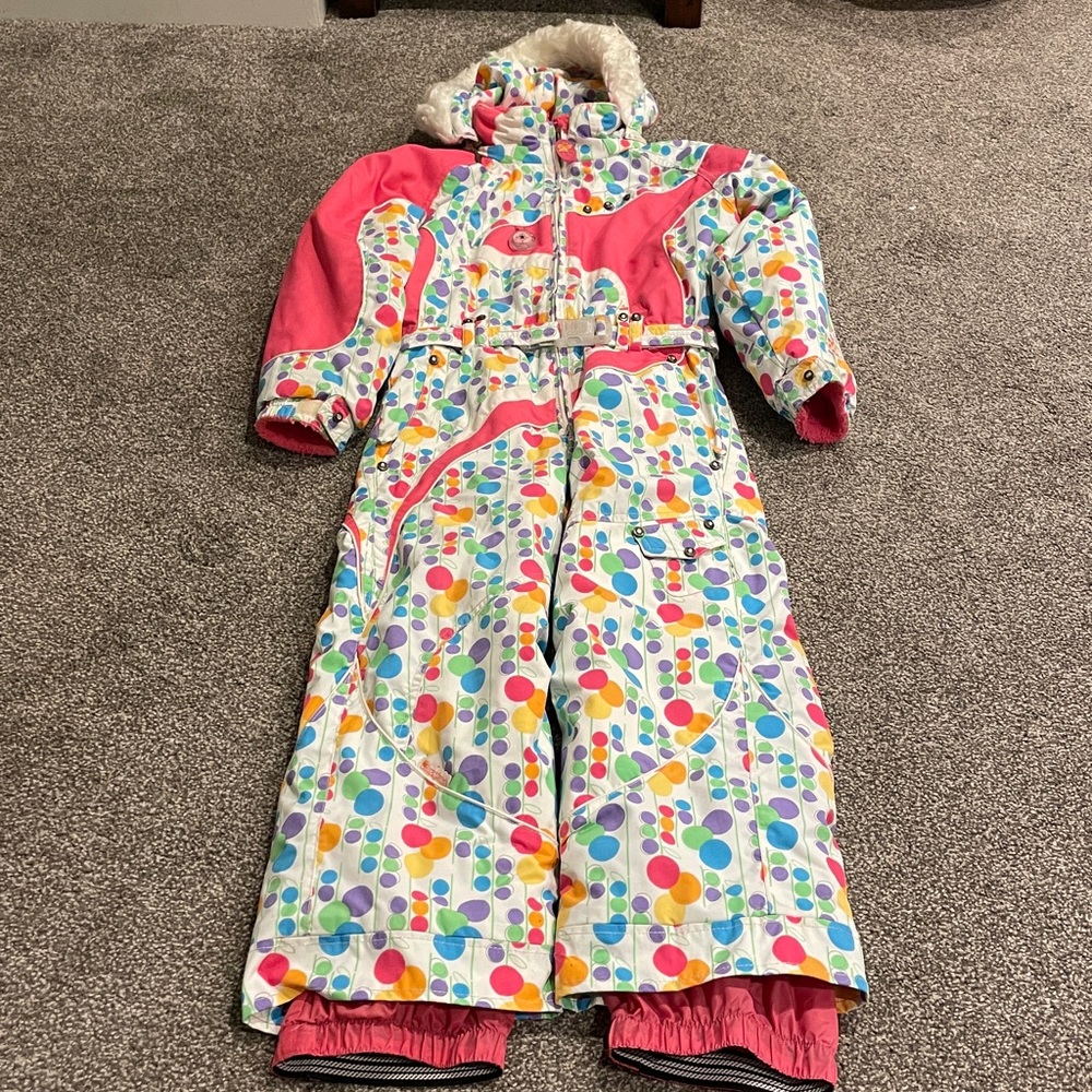 EUC Obermeyer Girls Ski Suit size 7 pink polka dot hood snow suit